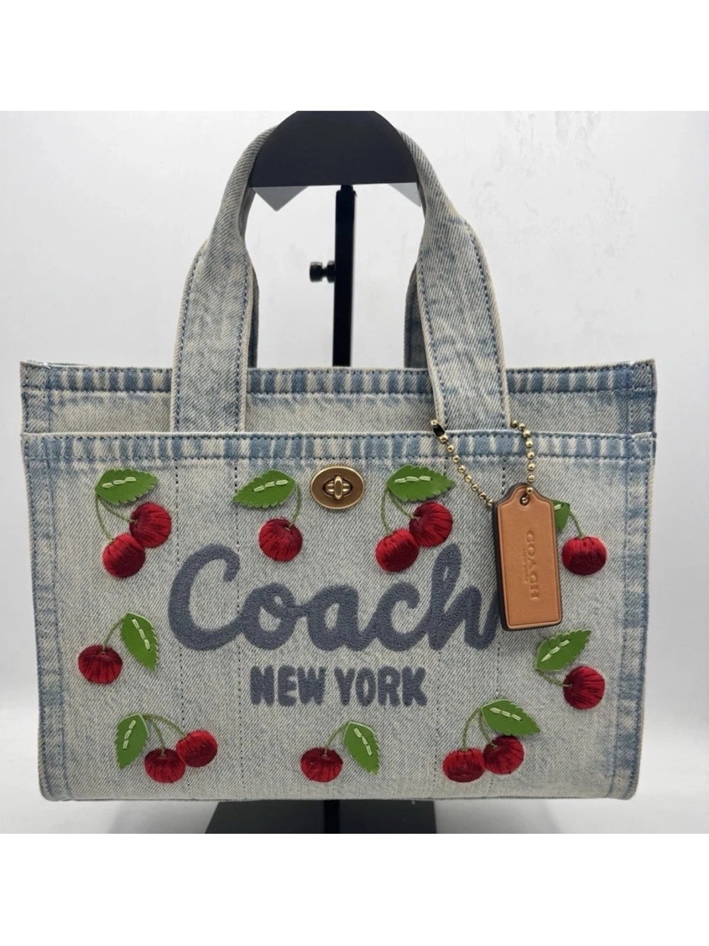 Coach New York Denim Cherry Appliqué Tote - Light Blue with strap, dust bag, - Picture 2 of 13